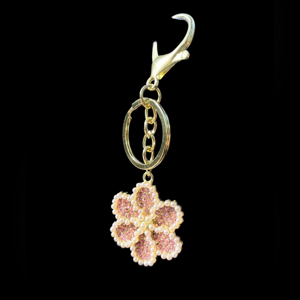 Gold Tone Pink Flower Outlined in Mini Faux Pearls